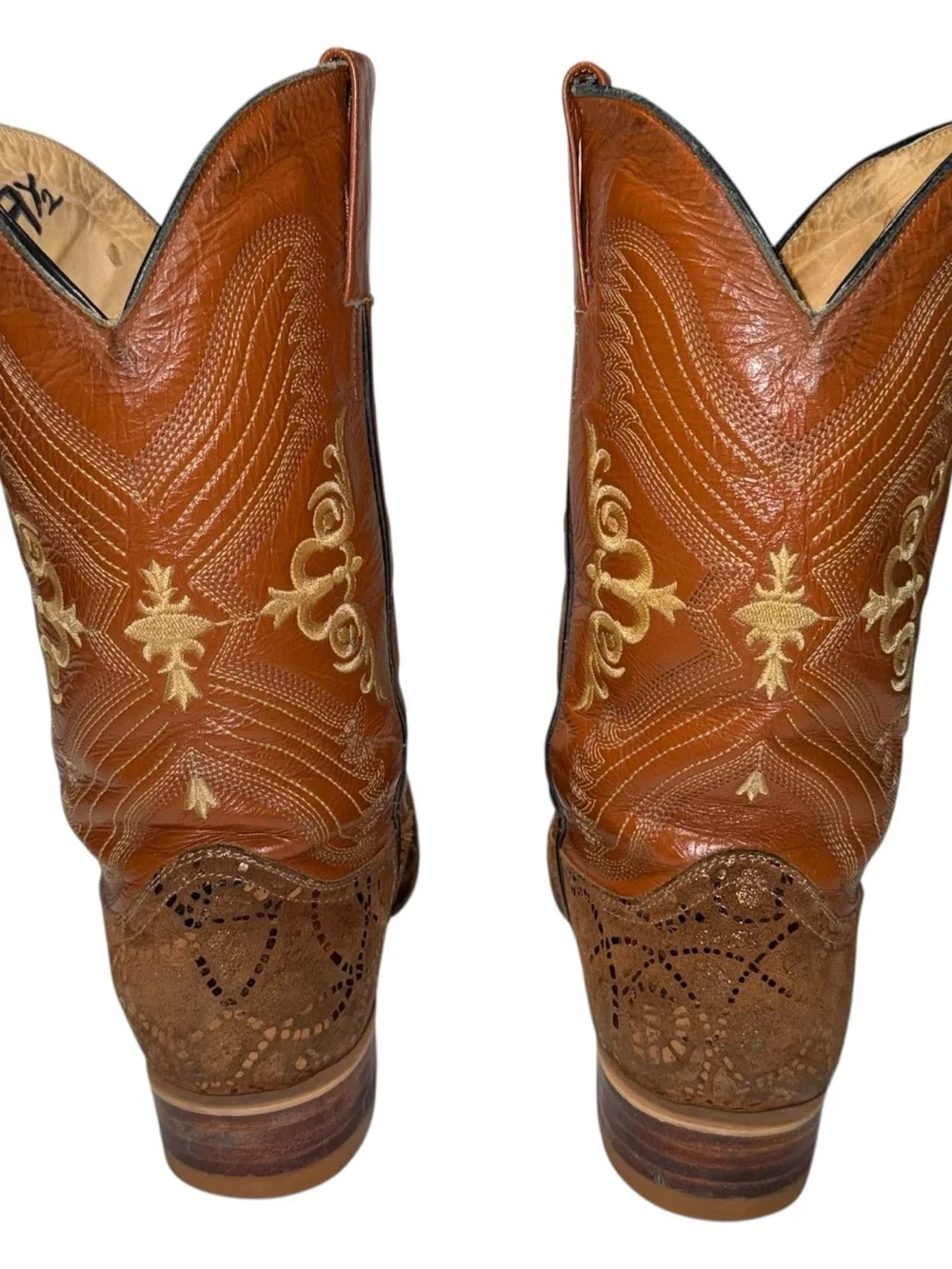 Vtg Laredo Leather Long Pointed Square Snip Toe Embroidered Cross Conquistador